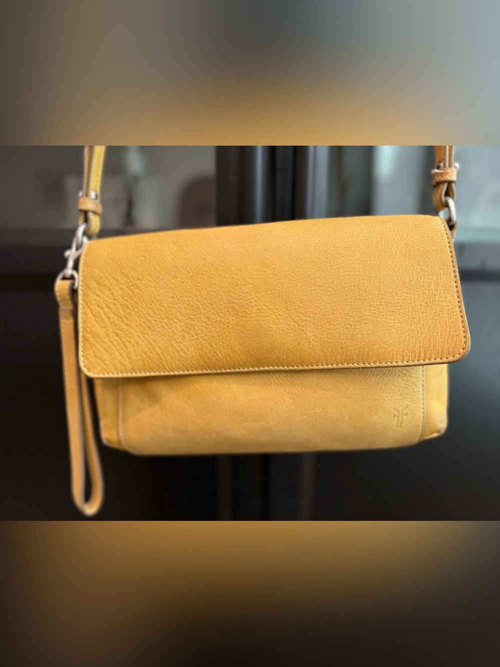 Frye Reed Flap leather crossbody bag, camel/yellow